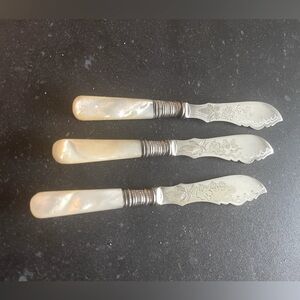 Three Antique Etched Silver Blade Mother of Pearl Handle Fish/Butter Knives